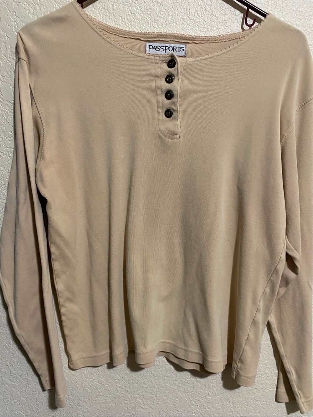 Vintage Passports Ribbed Long Sleeve Knit Henley Top - Size M